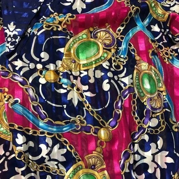 VINTAGE MAYEELOK V NECK PINK & BLUE PRINT BLOUSE GLAM 80’s - Picture 7 of 12